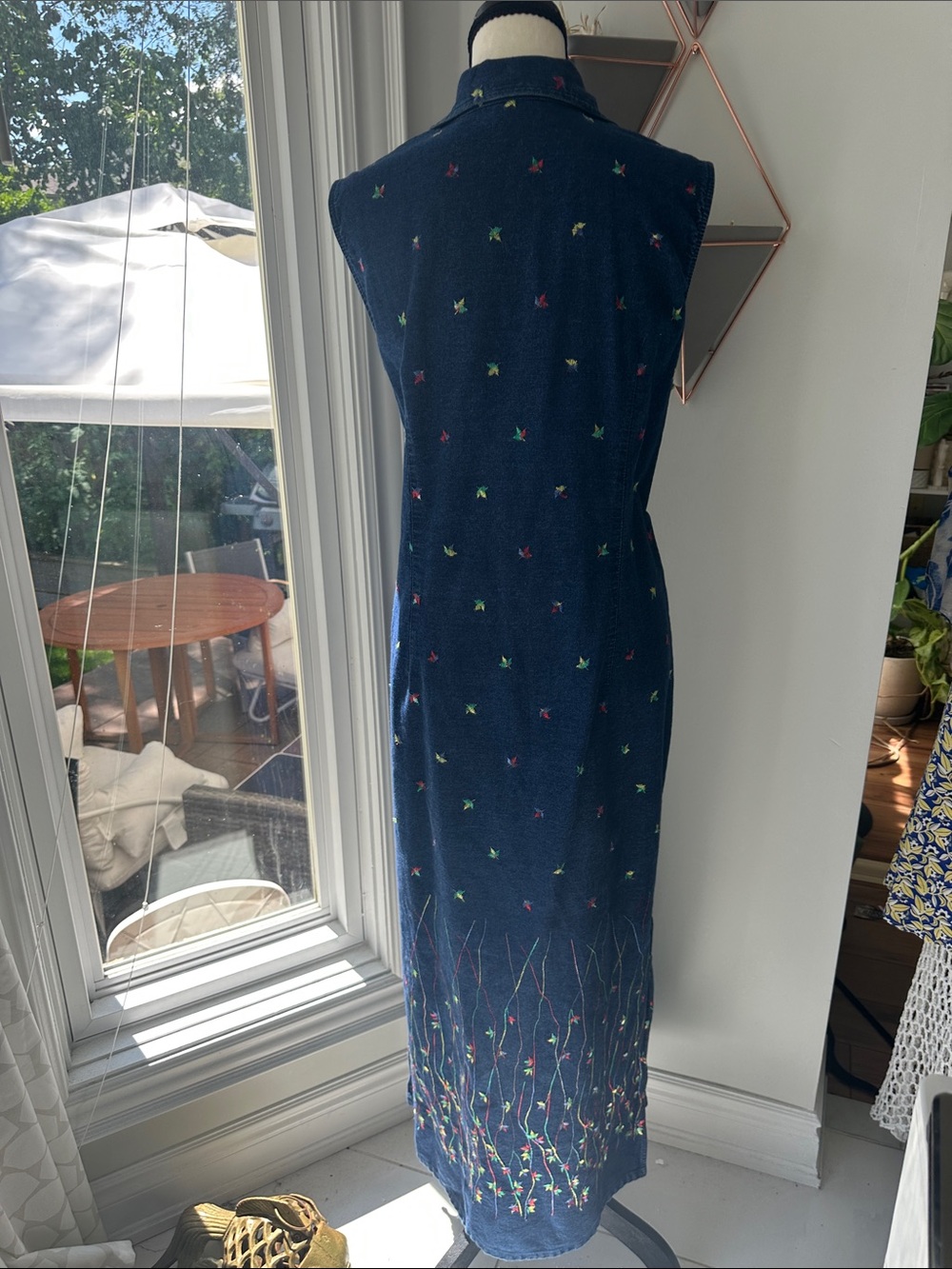 VINTAGE 90s Denim Navy Blue Embroidered Maxi Jean Dress Button Front Size 16 - Picture 6 of 14